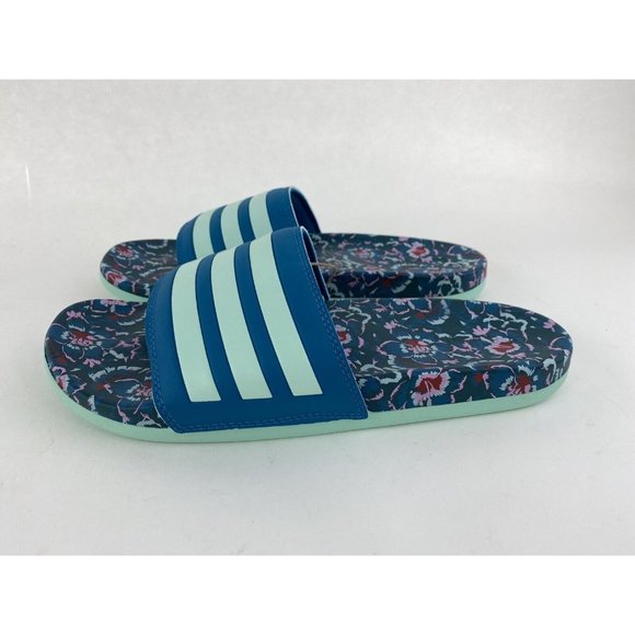 Adidas Adilette Comfort Blue Floral Women's Slides Teal Uncommon Colorway - Picture 8 of 10